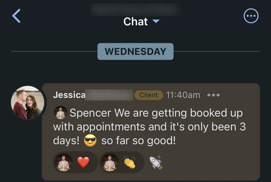 Text thread: Jessica M., booked in 3 days
