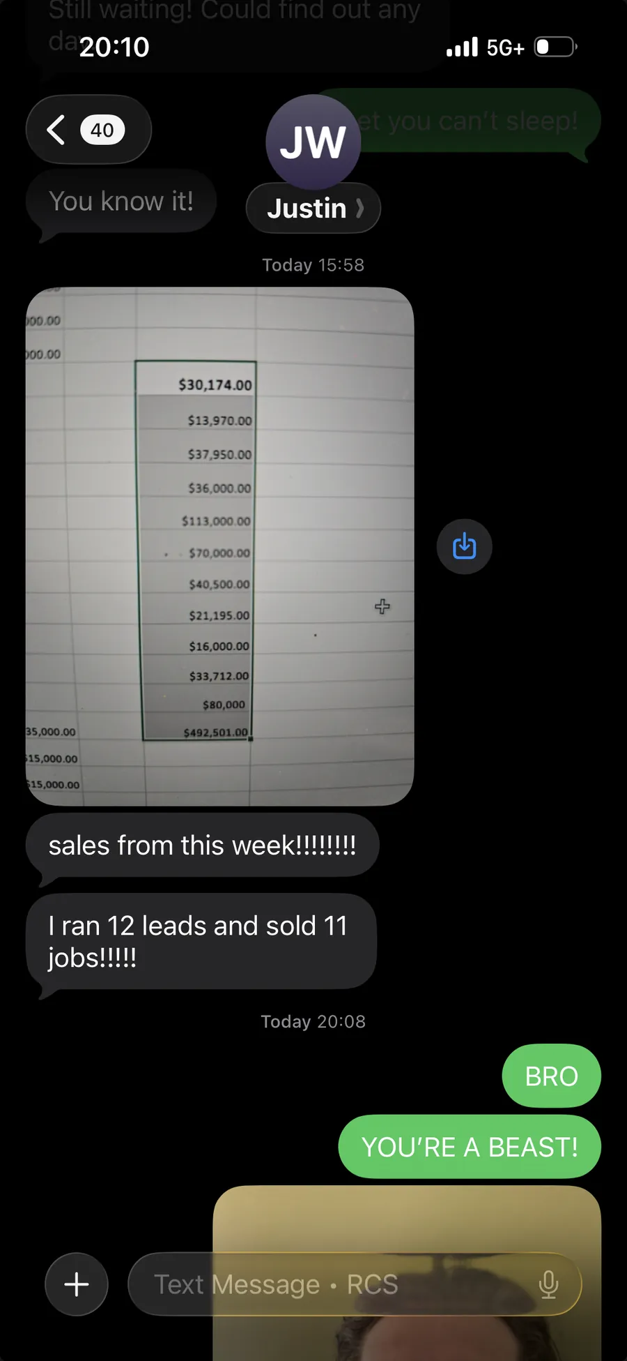 Text thread: Justin W., $492K