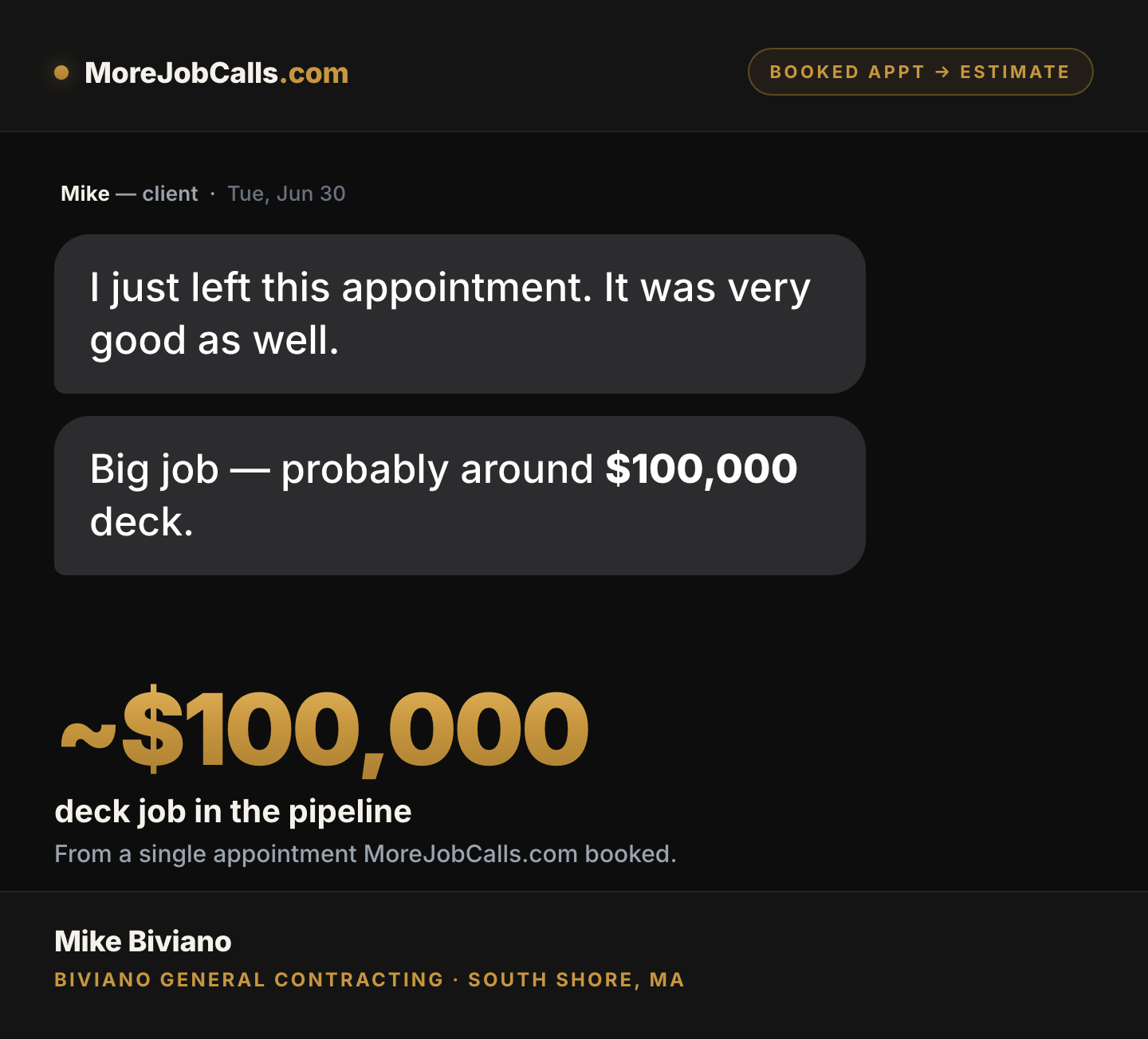 Mike Biviano win — ~$100K deck appointment