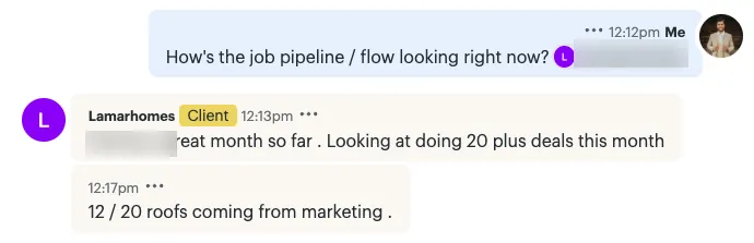 Text thread: roofing contractor, 12 of 20 jobs from marketing